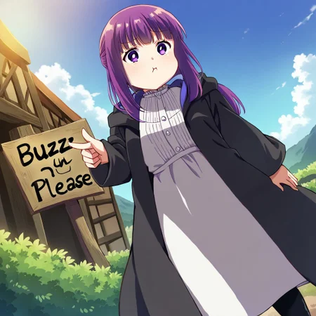 Fern_(Sousou_no_Frieren)
score_9, score_8_up, score_7_up,source_anime, BREAK ,solo, 1girl, ((Fern with a sign with text "Buzz Please!" <lora:buzz-text:.85>))), buzz
black coat, long white dress, black boots, buttoned blouse, pouting face
outdoors, ,best quality, high quality,high contrast, complex background CG, HD wallpaper, best quality, village, pointing offscreen