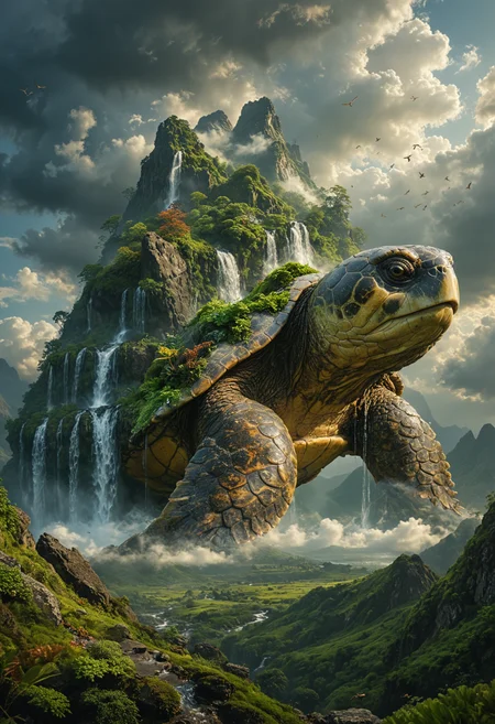 A majestic and colossal turtle that is part of the landscape, with a mountain integrated into its shell, Waterfalls cascade down from the mountain peaks, lush greenery covering the turtle's back, the turtle's head and limbs are made of rocky textures, adorned with patches of moss and vegetation, set against a backdrop of dramatic clouds and sky, birds soaring around the towering figure, atmosphere is serene and mystical, sense of ancient and natural magic, <lora:MJ52:0.4>, <lora:xl_more_art-full_v1:0.4>