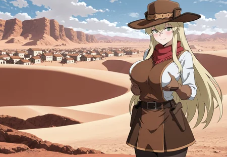 masterpiece, best quality, newest, absurdres, very aesthetic, Doya, 1girl, solo, cowboy shot, 
(blonde hair, long hair, bangs between eyes, sidelocks), green eyes, big breasts, 
(brown wide-brim hat), brown vest, white undershirt, red scarf, long-sleeves, brown gloves, brown skirt, (belt, belt buckle, belt pouches, holsters), black pantyhose, 
smile, looking at the viewer, (closed mouth), blush,
outdoors, sunny weather, town, old west, desert,grabbing own breasts,deep breasts grab