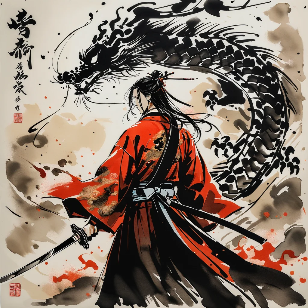 <lora:ink-style_A3.1_XL:0.8>,(ink-style,ink_wash_painting),(masterpiece),(best quality),hjyinkstyle,chinese dragon,dragon,sword,weapon,single hair bun,holding,hair bun,black hair,holding sword,hanfu,1boy,long hair,holding weapon,male focus,red hanfu,solo,standing,long sleeves,from behind,wide sleeves,hair stick,hair ornament,fire,ink art,masterpiece,best quality,