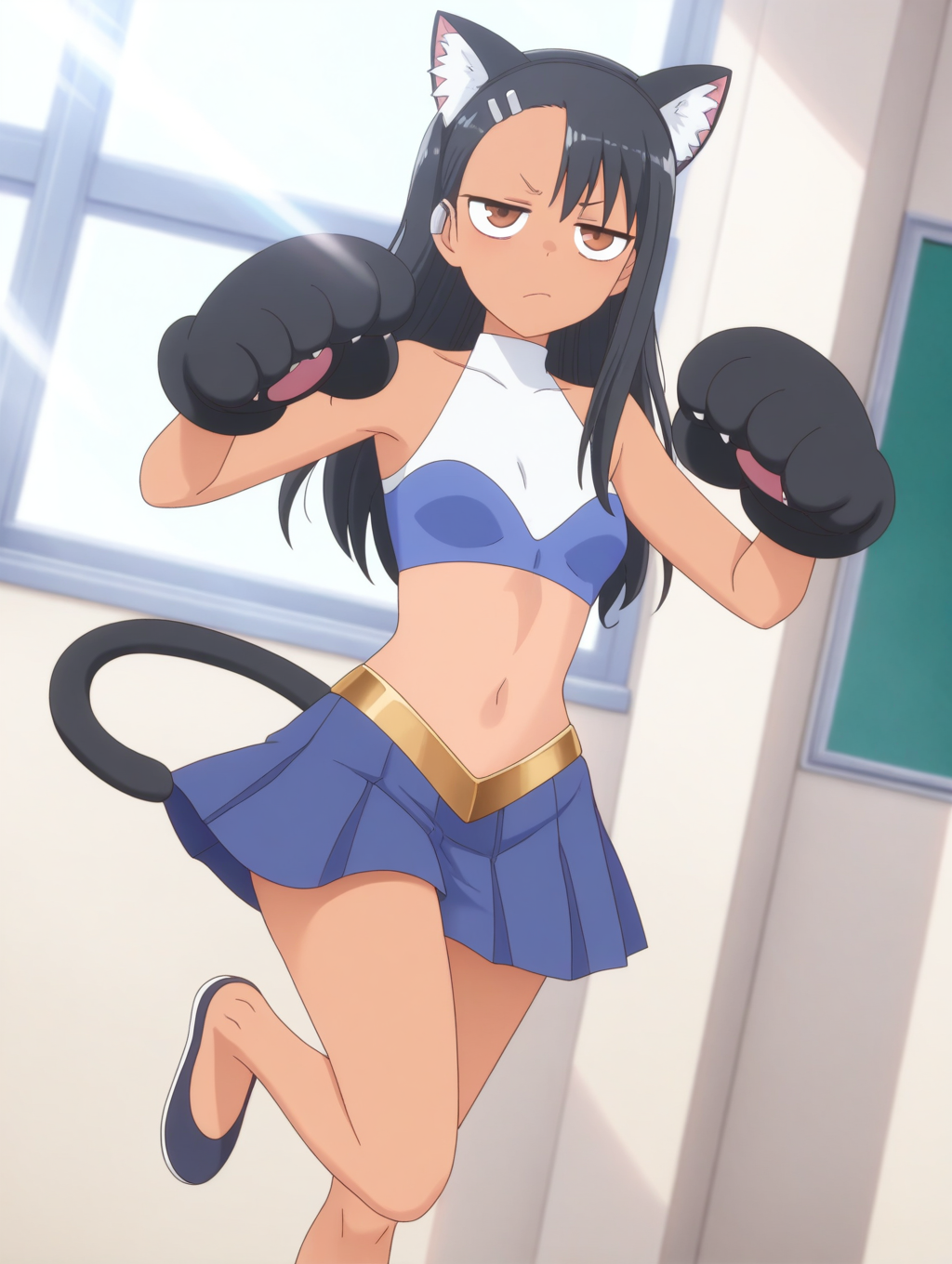 masterpiece, best quality, amazing quality, detailed, anime coloring, <lora:HayaseNaga_LW3:0.9>, HayaseNaga_LW, black hair, nagator_style, long hair, hair ornament, hairclip, brown eyes, dark-skinned female, 1girl, solo, 
fake animal ears, animal ear fluff, black hairband, bare shoulders, crop top, navel, midriff, blue skirt, gigantic paw gloves, black gloves, cat paws, cat tail, gold trim, crop top turtleneck, annoyed, jitome, school, depth of field, window, hands up, thighs, blurry background, sunlight, dutch angle, looking at viewer, blue flats, one foot up, standing on one leg, posing,