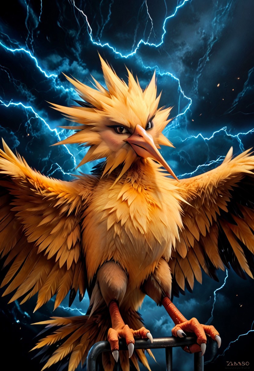 score_9, score_8_up, score_7_up, score_6_up, score_5_up, score_4_up, BREAK, solo, zapdos, pokemon (creature), furry, avian, bird, detailed feathers, realistic feathers, spiky feathers, yellow feathers, wings, electricity, industrial background, realistic