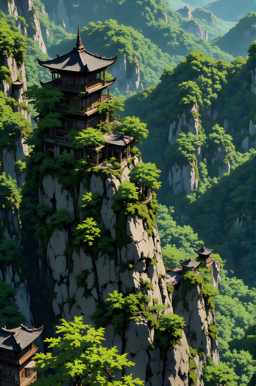 The scene unfolds as a breathtaking vision of ancient architecture seamlessly integrated with the natural world. At its heart stands a grand, multi-tiered structure perched atop a towering rocky outcrop, its design reminiscent of traditional East Asian architecture. The building is crowned with intricately layered roofs, each tier adorned with ornate details and tiled in dark hues that contrast beautifully against the lush greenery surrounding it.
The structure appears to be built into the very fabric of the mountain itself, its foundations blending seamlessly with the rugged stone. Moss and vines have claimed much of the edifice, creeping over railings, balconies, and even the roof, giving the impression that nature has reclaimed this place as its own. Trees and foliage grow not only around the building but also within its crevices, their branches reaching outward like arms embracing the sky.
The surrounding landscape is a dense tapestry of verdant forest, stretching endlessly across rolling hills and valleys. The trees are varied in size and type, their canopies forming a thick blanket of green that extends far into the distance. Here and there, other structuresâsmaller pavilions or shrinesâare visible, nestled among the rocks and trees, hinting at a larger complex hidden within this secluded realm.
The air seems hushed, as though the place holds its breath, allowing the gentle rustle of leaves and the distant call of birds to fill the silence. The light filtering through the canopy casts dappled shadows across the scene, highlighting the intricate carvings on the stone walls and the delicate craftsmanship of the wooden beams supporting the buildingâs upper levels.
This is a place where time feels suspended, where human ingenuity and the wild beauty of nature coexist in perfect harmony. It evokes a sense of mystery and reverence, as though one has stumbled upon a sacred retreat forgotten by the outside worldâa sanctuary where the boundaries between earth and spirit blur into one another.
j_art, anime, anime art, <lora:FLUX\jul\J_Anime:0.7>, <lora:FLUX\RealAnime:0.7>
