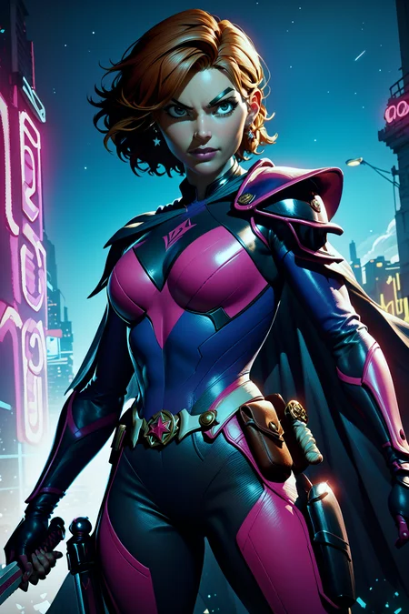 score_9, score_8_up, score_7_up, masterpiece, high quality
<lora:Ranger SlayerPonyLora:0.9> 1girl, bodysuit, armor, cape, short hair, belt buckle, earrings, holster, holding sword on hilt, sword fighting stance, on a spacestation, stars outside, neon lights and signs
 <lora:3D_Animation_Diffusion_Pony_style:1> solo