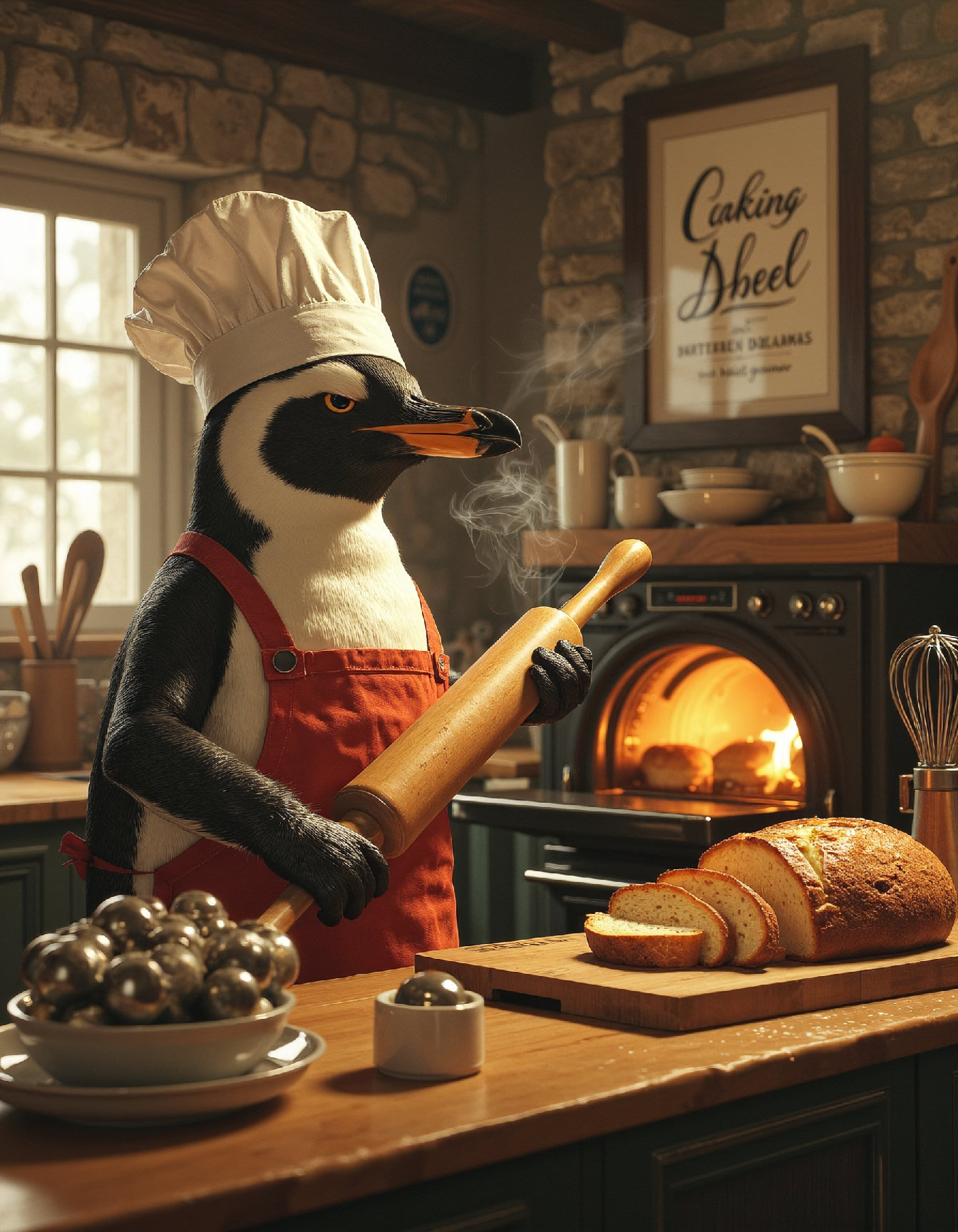 ZooPolis Art. A playful, high-quality photograph depicts a penguin dressed in a chef's hat and apron standing confidently inside a cozy kitchen. The penguin holds a rolling pin and stands beside a warm oven emitting golden light; slices of freshly baked bread glow inside. On the counter, various baking utensils are visibleâmeasuring cups, whisks, wooden spoons. The kitchen is filled with soft, natural light, casting a gentle glow over everything. The background features rustic stone walls adorned with culinary posters in elegant script. A steam rises from the oven, adding to the scene's warmth and inviting atmosphere; the image captures delightful humor and joy through precise details.