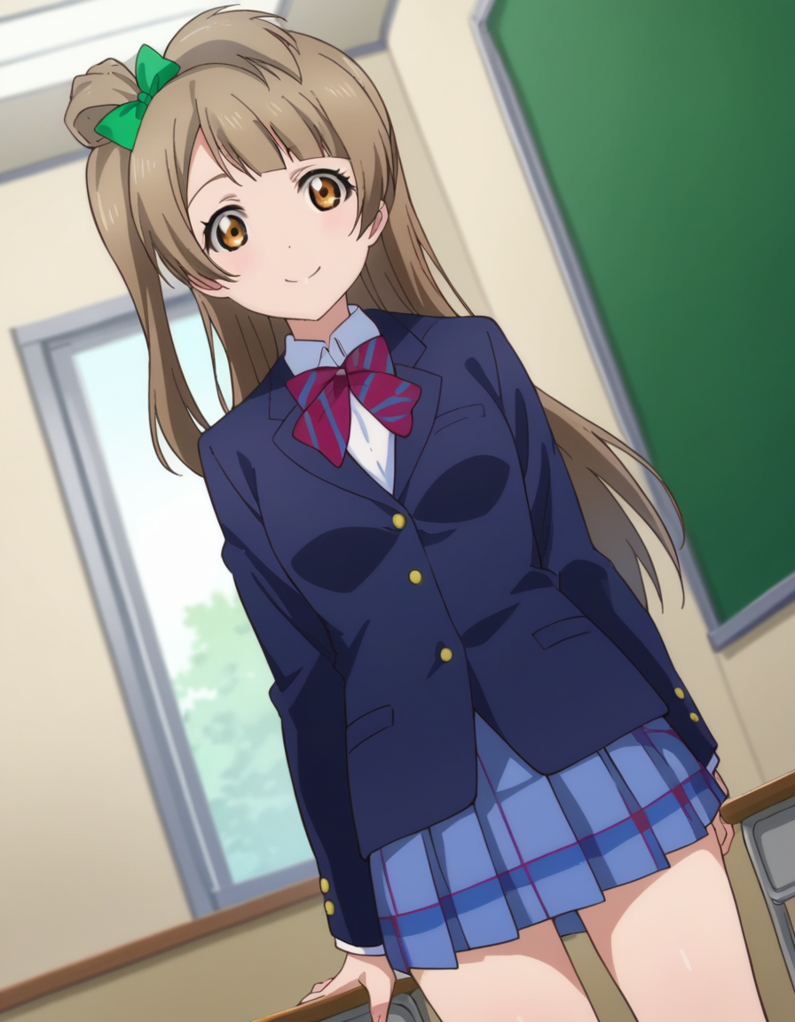 score_9, score_8_up, score_7_up, source_anime,
kotoriminami, <lora:kotori-minami-s1-ponyxl-lora-nochekaiser:1>,
kotori minami, brown hair, brown eyes, one side up, hair ribbon, ribbon, long hair,
blazer, blue skirt, jacket, otonokizaka school uniform, pleated skirt, school uniform, winter uniform,
indoors, classroom, smile,
looking at viewer, dutch angle, cowboy shot,