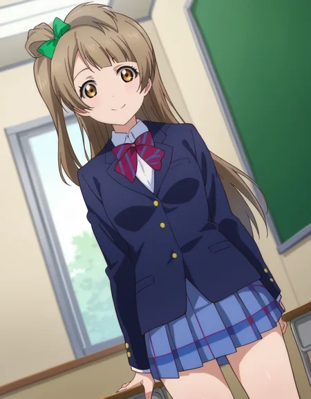 score_9, score_8_up, score_7_up, source_anime,
kotoriminami, <lora:kotori-minami-s1-ponyxl-lora-nochekaiser:1>,
kotori minami, brown hair, brown eyes, one side up, hair ribbon, ribbon, long hair,
blazer, blue skirt, jacket, otonokizaka school uniform, pleated skirt, school uniform, winter uniform,
indoors, classroom, smile,
looking at viewer, dutch angle, cowboy shot,