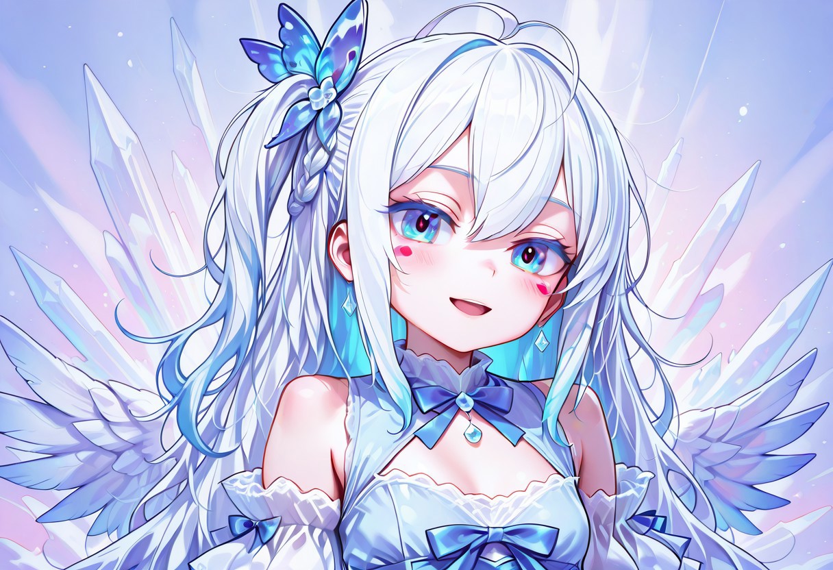 lazypos, girl focus, 1girl, virtual youtuber, blue hair, blue eyes, multicolored hair, long hair, blush, wings, hair ornament, open mouth, dress, looking at viewer, ahoge, bow, smile, puffy detached sleeves, solo, wing hair ornament, white wings, hair bow, flower, detached sleeves, medium bangs, angel wings, braid, sky, streaked hair, feathers, frills, ribbon, white feathers, feathered wings, >_<, rose, upper body, blue bow, blue dress, short sleeves, two-tone hair, puffy sleeves, puffy short sleeves, hair ribbon, sparkle, breasts, blush stickers, :d, nonoknow