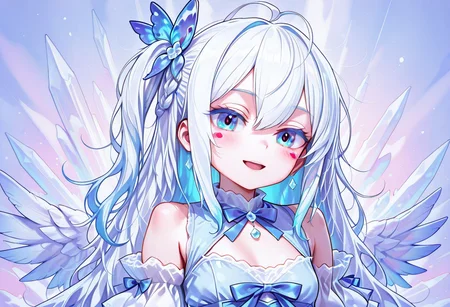 lazypos, girl focus, 1girl, virtual youtuber, blue hair, blue eyes, multicolored hair, long hair, blush, wings, hair ornament, open mouth, dress, looking at viewer, ahoge, bow, smile, puffy detached sleeves, solo, wing hair ornament, white wings, hair bow, flower, detached sleeves, medium bangs, angel wings, braid, sky, streaked hair, feathers, frills, ribbon, white feathers, feathered wings, >_<, rose, upper body, blue bow, blue dress, short sleeves, two-tone hair, puffy sleeves, puffy short sleeves, hair ribbon, sparkle, breasts, blush stickers, :d, nonoknow