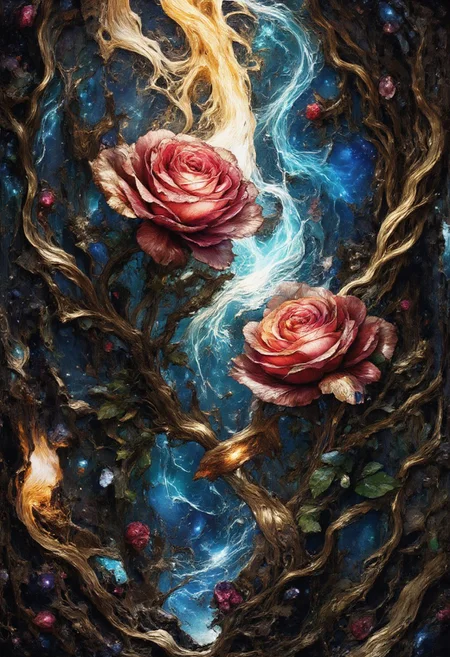 Ultra-realistic 8K resolution, Octane render, Unreal Engine 5 masterpiece, dark academia aesthetic, enchanted glass terrarium containing: one hybrid heliotrope-roses with translucent ruby gemstone petals (vitreous refraction), metallic obsidian stems (bioluminescent vascular system), liquid mercury dewdrops suspended mid-fall, spiral cerulean nebula core emitting plasma tendrils, fractured amber glass veins pulsing with trapped starlight, quantum foam escaping through dimensional cracks, non-Euclidean spacetime geometry, vantablack void background with gravitational lensing distortion, chrono-crystalline lattice framework, volumetric photon mapping event horizon glow, subsurface scattering in petal nanostructures, temporal anomaly causing timeline overlaps, hyperdetailed microbiology under gemstone epidermis, gothic biodigitalpunk style blending Zdzisław Beksiński and Ernst Haeckel, photorealistic macro photography meets celestial cartography, trending on ArtStation --ar 16:9 --v 6.0 --no cartoonish, flat colors, symmetry, human elements