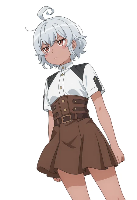 Smooth Quality,masterpiece, ultra realistic,
simple background, white background, 
dutch angle,sulking,wind, 
 <lora:AquaErisCnn:0.8>Eris/Cnn, Sist/Cnn, 1girl, ahoge, blush stickers, dark-skinned female, skirt, uniform,petite,