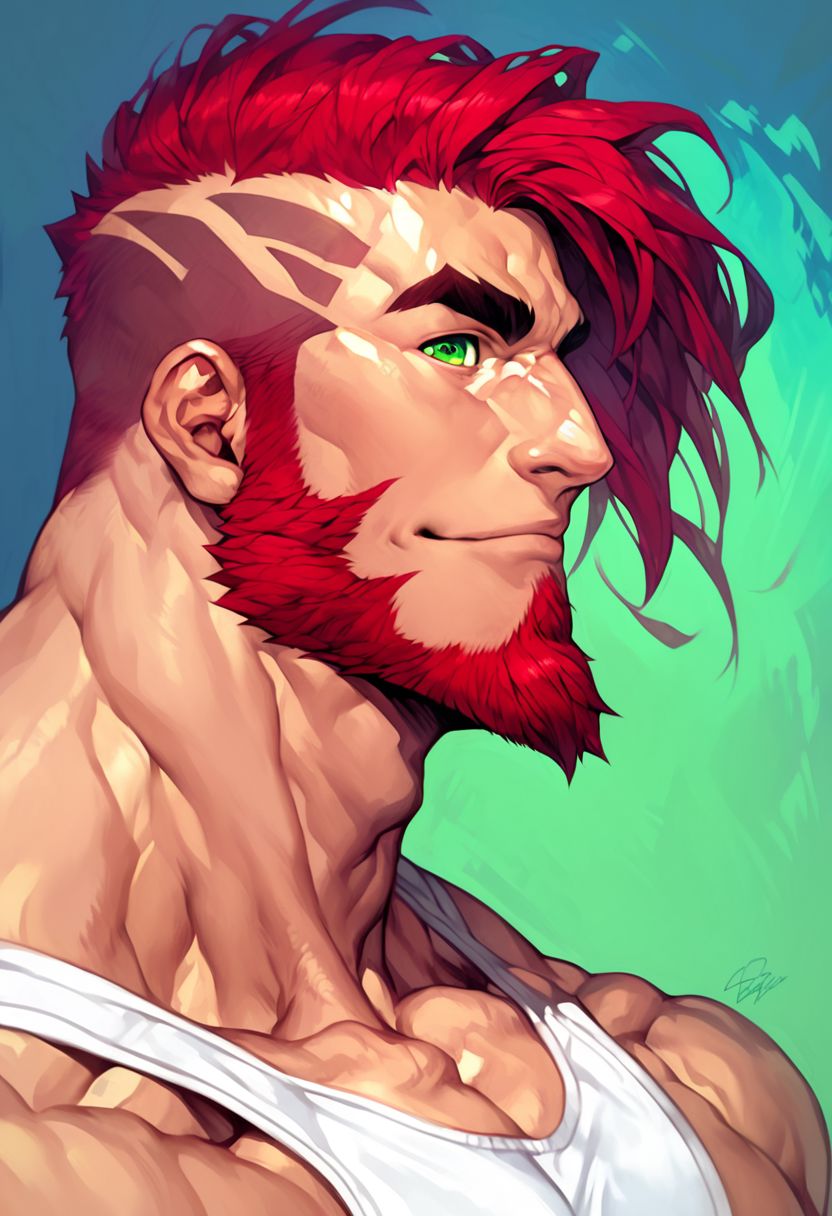 score_9,score_8_up,score_7_up, detailed face, detailed body, detailed eyes, Highest Quality, 4k, masterpiece, Amazing Details, (((portrait, GomTang, side view))), ((solo, 1boy, bara, calm face, long red hair, goatee beard, green eyes, tank top)), (in a gym),