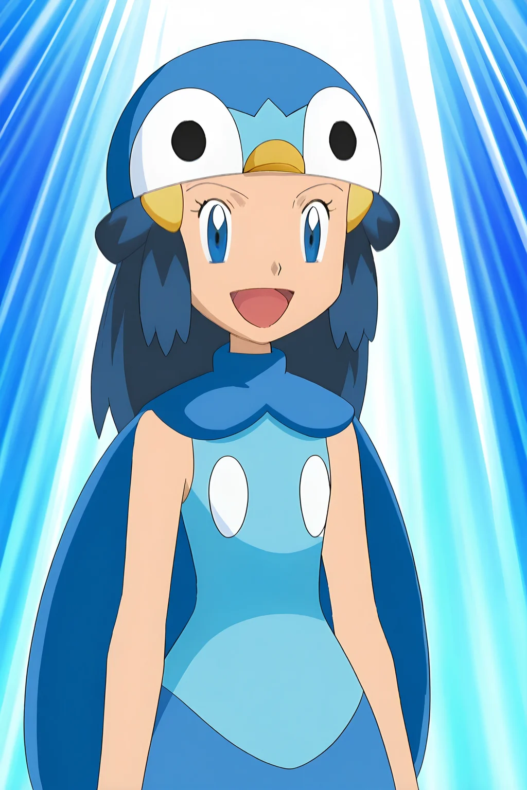 anime, anime screencap, dawnpip, 1girl, solo, long hair, looking at viewer, smile, open mouth, blue eyes, piplup \(cosplay\), hair ornament, hat, standing, blue hair, upper body, sidelocks, :d, cowboy shot, sleeveless, tongue, hairclip, cape, flat chest, bare arms, cosplay, blue background, happy, blue headwear, blue theme, light rays, oekaki, blue cape, official style, jaggy lines, costume, diving suit, piplup, dress, eyelashes, blue dress, dawn \(pokemon\), pokemon, pokemon dppt \(anime\)
<lora:Dawn_Piplup_Cosplay-10:1>