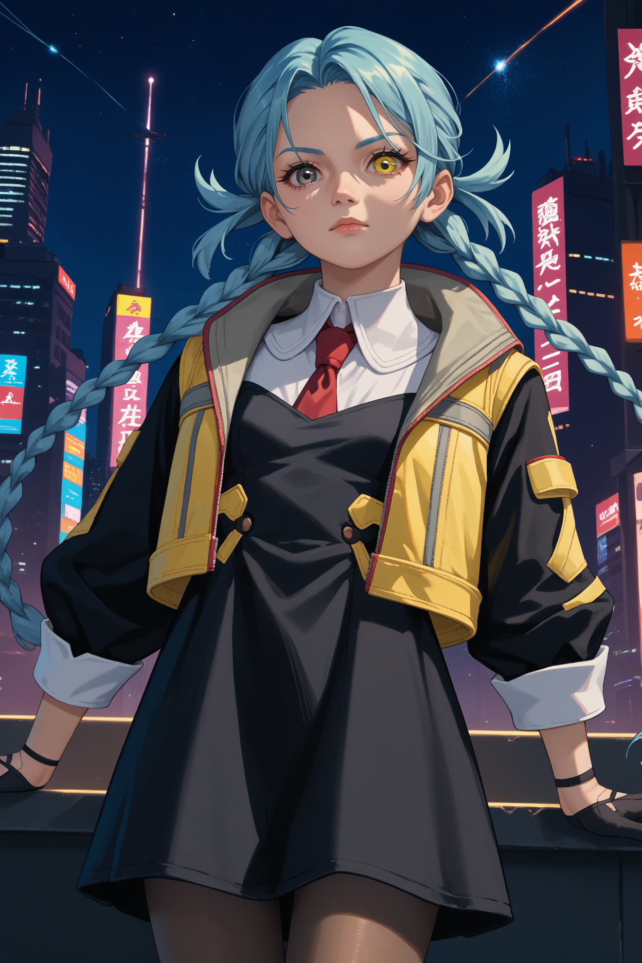 score_9, score_8_up, score_7_up, score_6_up, source_anime, 1girl, solo,  <lora:mizukidate-pdxl-nvwls-v1-000006:1> mzdate, heterochromia, grey eyes, yellow eyes, light blue hair, twin braids, yellow vest, black gloves, red necktie, black dress, pantyhose, night sky, cyberpunk, portrait, looking at you,