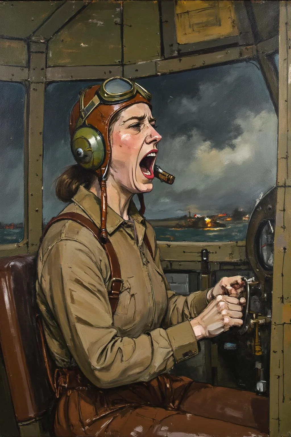 euanuglow1 painting.
A female pilot screaming inside the cockpit of a World War II bomber. The pilot, wearing a vintage leather flight helmet with goggles and a bomber jacket, grips the controls with white-knuckled hands. Her face is contorted in a mix of fear and determination as she yells, her eyes wide with adrenaline. The cockpit is cramped and filled with old-fashioned dials and gauges, with the outside view showing dark stormy clouds and distant anti-aircraft fire <lora:euanuglow1_cap_d6aee11:1.0><lora:845542906107409207:0>