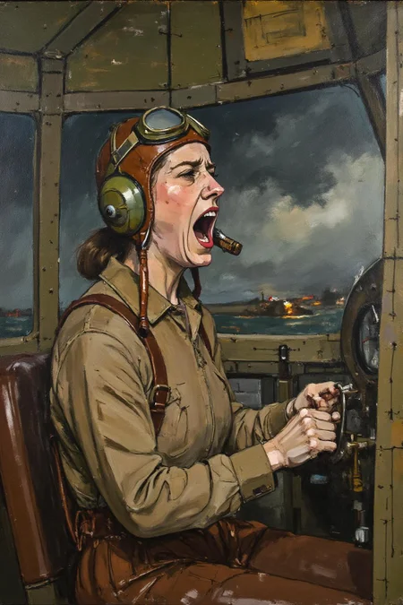 euanuglow1 painting.
A female pilot screaming inside the cockpit of a World War II bomber. The pilot, wearing a vintage leather flight helmet with goggles and a bomber jacket, grips the controls with white-knuckled hands. Her face is contorted in a mix of fear and determination as she yells, her eyes wide with adrenaline. The cockpit is cramped and filled with old-fashioned dials and gauges, with the outside view showing dark stormy clouds and distant anti-aircraft fire <lora:euanuglow1_cap_d6aee11:1.0><lora:845542906107409207:0>