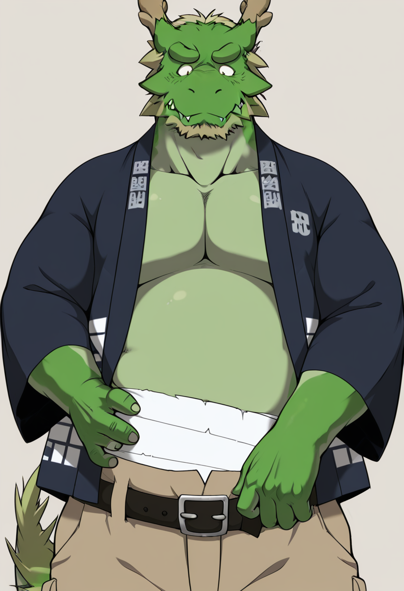 1boy, solo,  <lora:Tappei:1> TappeiMN, dragon boy, green skin, old, plump, dark blue happi coat, stomach wrap, khaki pants belt, cowboy shot,, masterpiece, best quality, amazing quality,