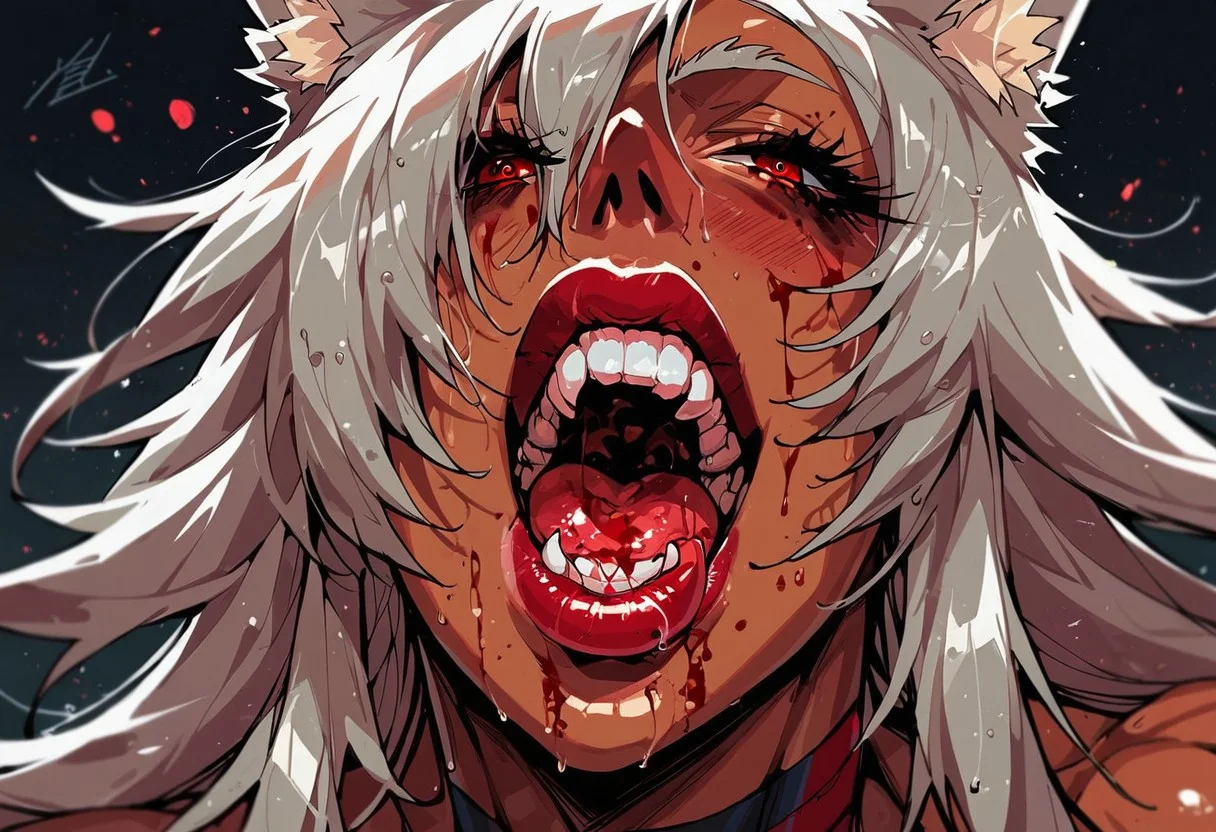 score_9, score_8_up, score_7_up, 1girl, black hair, solo, blood, red eyes, tongue, teeth, open mouth, long hair, blood on face, close-up, <lora:Fant5yP0ny:0.7>, ghislaine dedoldia, visible breast, bimbo makeup, bimbo lips, heavy wet mascara, seductive, 3/4 photo,visible breast, explicit