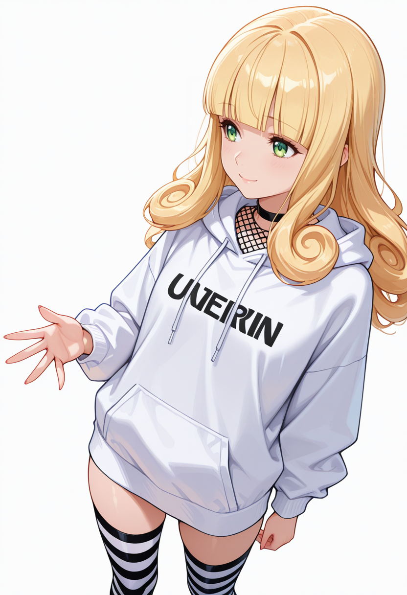 Smooth Quality,masterpiece,very intricate, high quality details, ultra realistic, high detailed skin,detailed enviorement,absurdres,
open hand,
 <lora:Poporon_CNR:0.8> poporon_cnr, 1girl, blonde hair, long hair,blunt bangs, green eyes, curly hair,, despair,, simple background, white background, dynamic angle,solo,, fishnet top,  ,hoodie, ,striped thighhighs,  ,