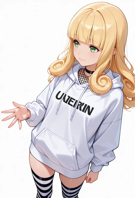 Smooth Quality,masterpiece,very intricate, high quality details, ultra realistic, high detailed skin,detailed enviorement,absurdres,
open hand,
<lora:Poporon_CNR:0.8> poporon_cnr, 1girl, blonde hair, long hair,blunt bangs, green eyes, curly hair,, despair,, simple background, white background, dynamic angle,solo,, fishnet top, ,hoodie, ,striped thighhighs, ,