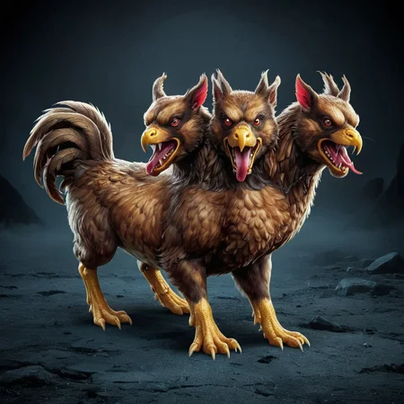 a cerberus (chicken:1.5)<lora:cerberus-000011:1>