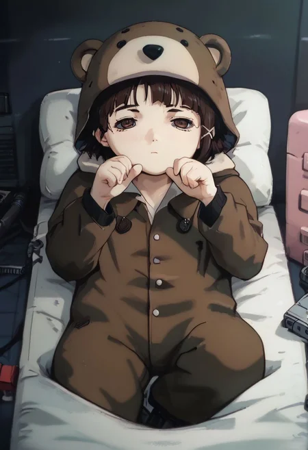 score_9, score_8_up, score_7_up, score_6, source_anime, lain, laid on mattress, laying on mattress, chibi, kawaii, (((bear costume, resting, relaxing, laying down, laid back, nap, closing eyes))), side view, dark computer room, watercooling systems, computer screens, computer room, computers, computer cables, network cables, lain's bedroom, low light, pitch dark, dark night, dark ambiance, puddles, wet floor