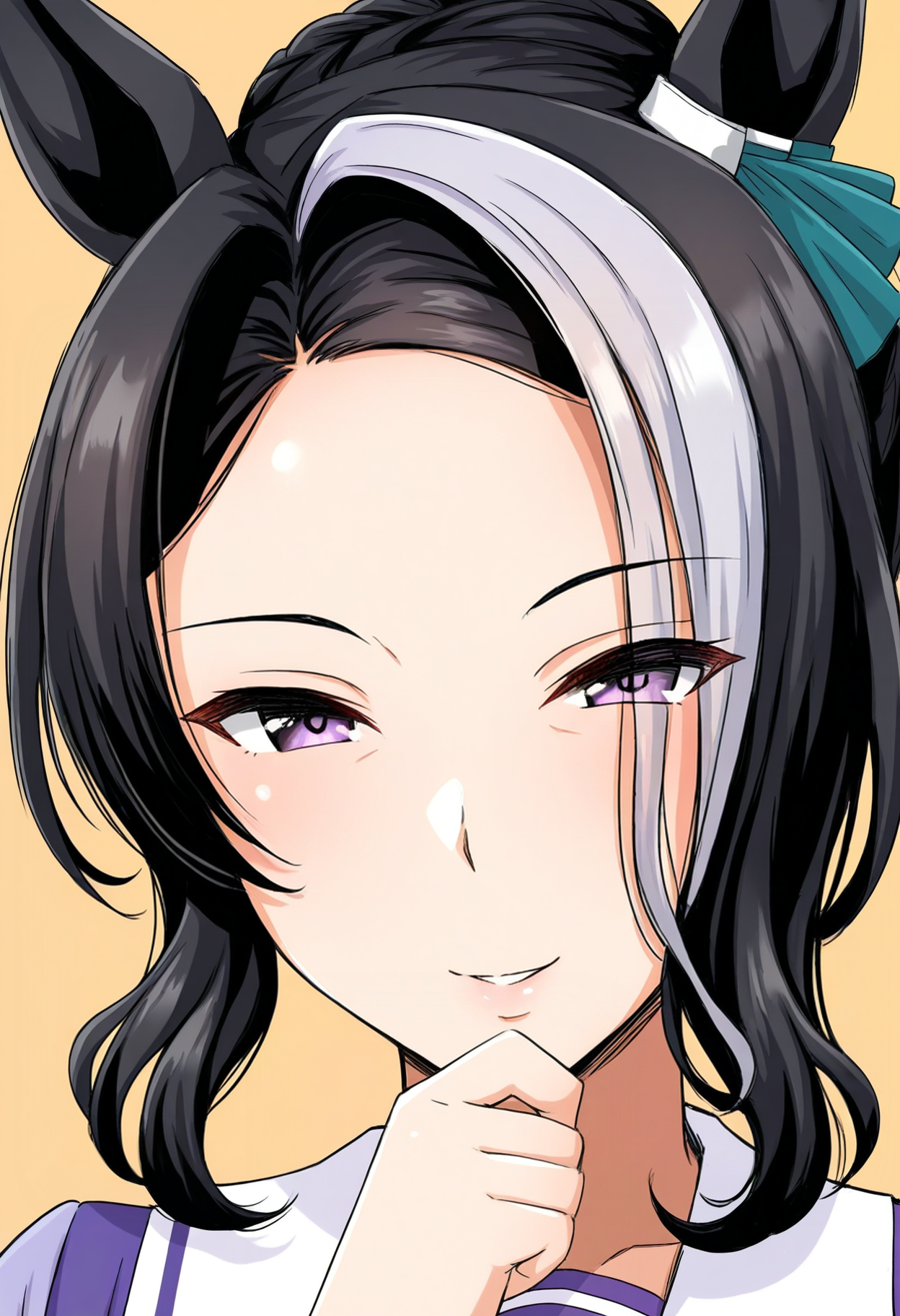 masterpiece, best quality, good quality, <lora:Fine_lines_under_the_ eyes_IL1.1:1>, mejiro ramonu \(umamusume\), tracen school uniform, looking at viewer,
portrait, seductive smile, hand on own chin,