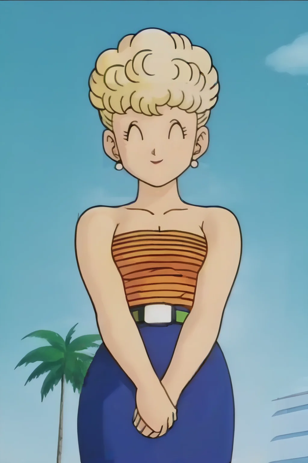 source_anime, score_9, score_8_up, score_7_up, anime screencap,
panchy, 1girl, solo, breasts, smile, skirt, blonde hair, cleavage, bare shoulders, jewelry, closed eyes, earrings, outdoors, sky, short hair, curly hair, day, belt, cloud, tree, blue sky, blue skirt, strapless, ^ ^, cloudy sky, own hands together, v arms, palm tree, tube top, 1980s \(style\)
 <lora:panchy_pony_v1:0.8>