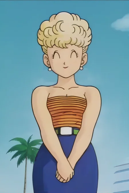 source_anime, score_9, score_8_up, score_7_up, anime screencap,
panchy, 1girl, solo, breasts, smile, skirt, blonde hair, cleavage, bare shoulders, jewelry, closed eyes, earrings, outdoors, sky, short hair, curly hair, day, belt, cloud, tree, blue sky, blue skirt, strapless, ^ ^, cloudy sky, own hands together, v arms, palm tree, tube top, 1980s \(style\)
<lora:panchy_pony_v1:0.8>