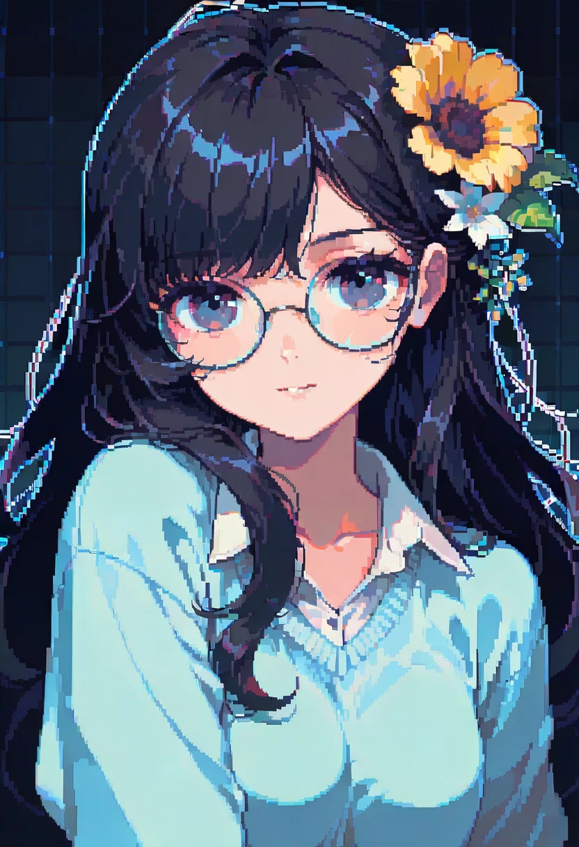 dpa,pixel art, 1girl, solo, glasses, black hair, long hair, hair ornament, flower, looking at viewer, upper body, hair flower, bangs