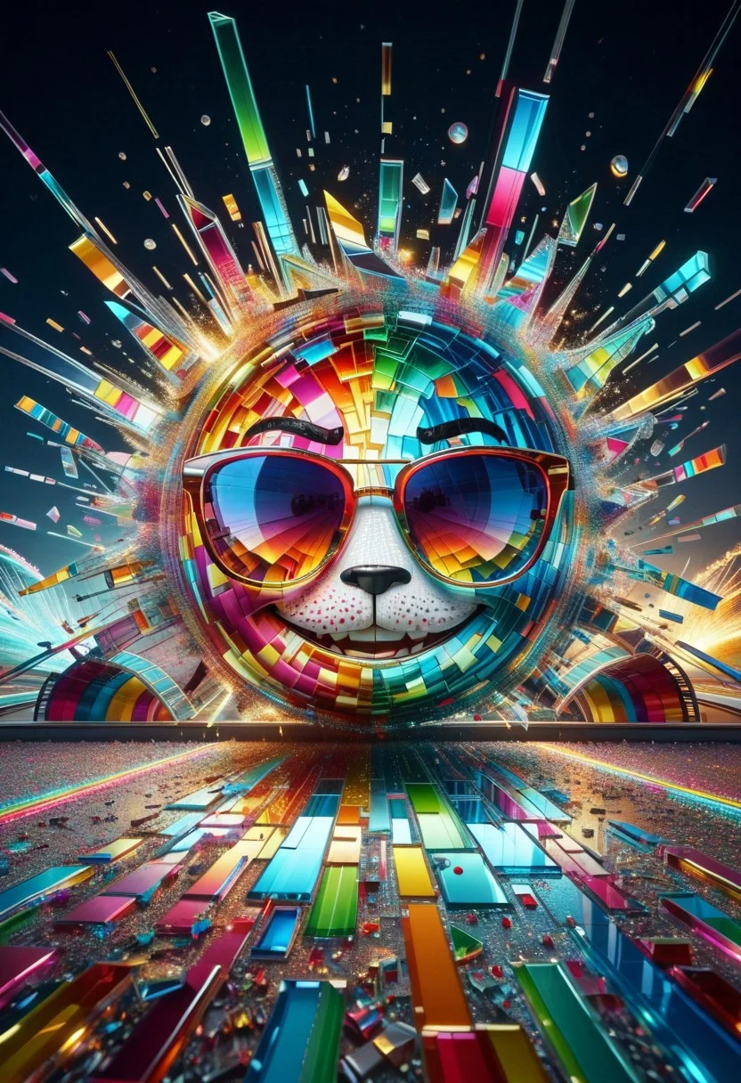 (Glass Shard Style) joyful cat made out of Glass Shard in oversized sunglasses on Glass Shard roller coaster, amusement park, vibrant, humorous, ultra-detailed, glitch, glitch style, flickering, digital, glitching, funny theme, (Glass Shard explosion)