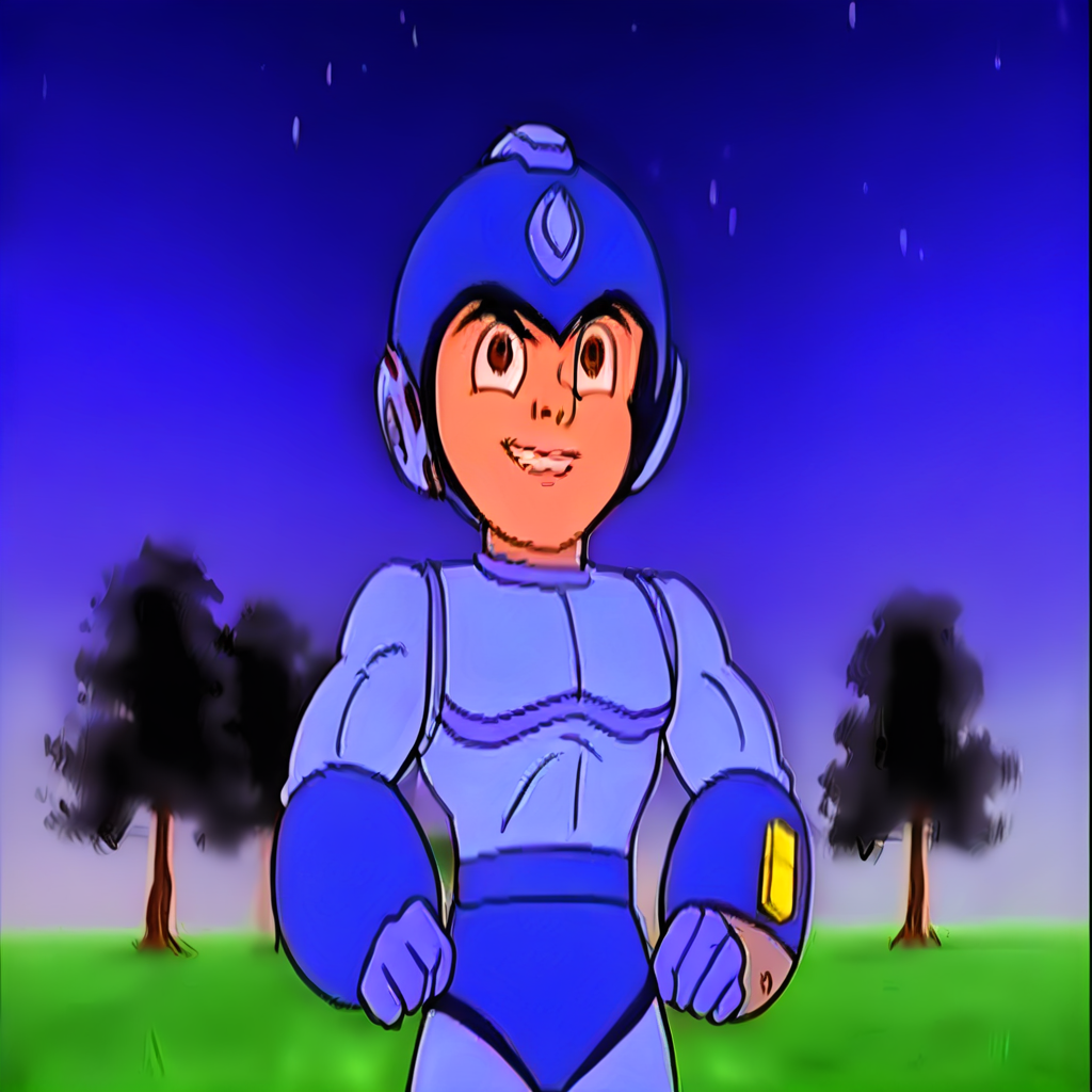 hero, parody, teeth, dark, evil smile, gradient background, looking at viewer, star (sky), multiple boys, megaman, tree, grey background, brown eyes, blurry, blue headwear, indoors, blue sky, grass, armor, smile, close-up, hand up, aura, standing