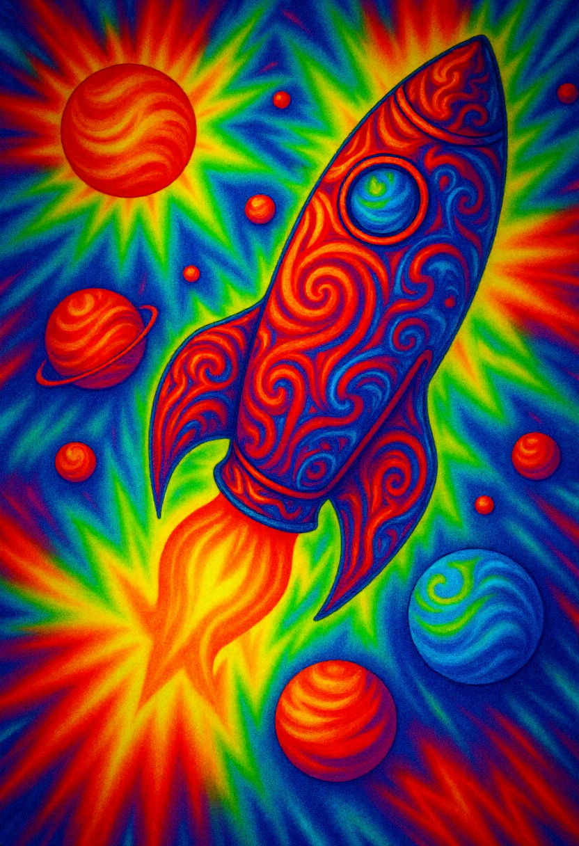 <lora:Tie_Dye_Style_FLUX-000015:0.9> 
This is a vibrant, psychedelic digital drawing of a rocket ship and planets in a swirling pattern reminiscent of tie-dye artwork.