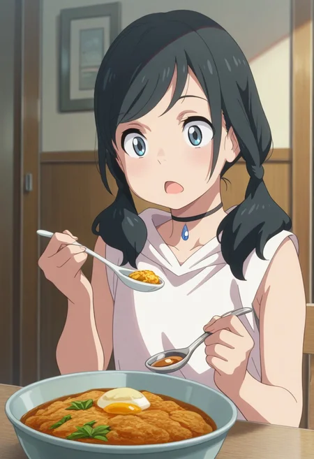 masterpiece,best quality,amazing quality, amano hina, black hair, long hair, low twintails, blue eyes, 1girl, choker, solo, food, twintails, sitting, spoon, open mouth, black choker, holding spoon, sleeveless