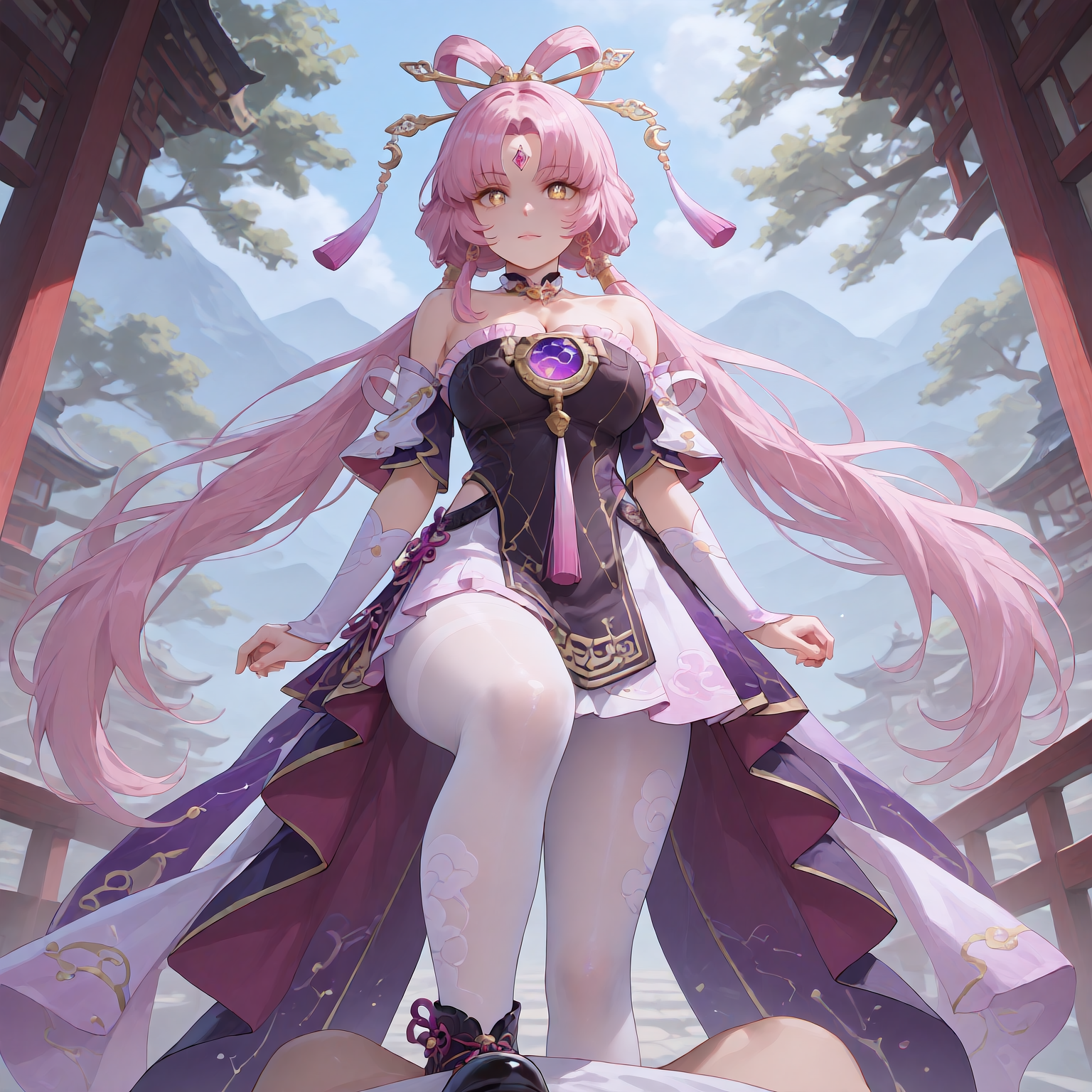 (masterpiece, best quality,pov,from below:1.4),highres,illustration,8k,(looking at viewer, collarbone),(hyper-detailed,digital painting,trending on ArtStation,shiny_eyes,sparkling_eyes, foot on another's body:1.2),
Fuxuan,1girl,forehead jewel,white pantyhose,solo,pantyhose,pink hair,long hair,twintails,bare shoulders,hair ornament,low twintails,black footwear,detached sleeves,parted bangs,tassel,yellow eyes,dress,hair stick,bow-shaped hair,constellation print,very long hair,black dress,hair rings,tassel hair ornament,jewelry,
cleavage,large breasts,bouncing breasts,outdoors,<lora:aidmaImageUpgrader-v0.3-IL:0.6>,<lora:Fuxuan(IL):0.85>,