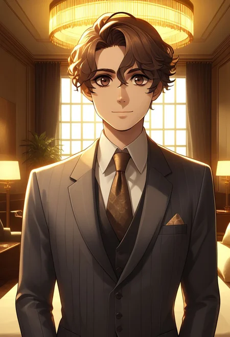 1boy, solo, looking at viewer, suit, hotel room, detailed lighting, brown eye, beautiful eye
