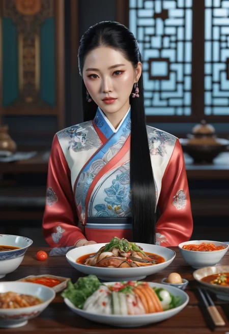 Su-bin from South-Korea, long slicked-back [nearly black:.3] hair, 3D render table full of delicious dishes, woman in intricate clothing
<lora:3DNextGen_JRPG_KMMO_Dim32:1>