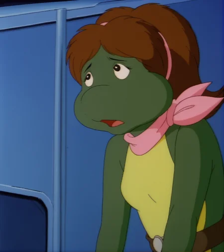 monalisatmnt, 1girl, green skin, belt, pink scarf, hairband, small breasts, upper body, indoors, looking up, open mouth, retro_artstyle, cartoon, source_cartoon, lowres, 1990s_(style), <lora:Mona_Lisa_TMNT_1987:1>
