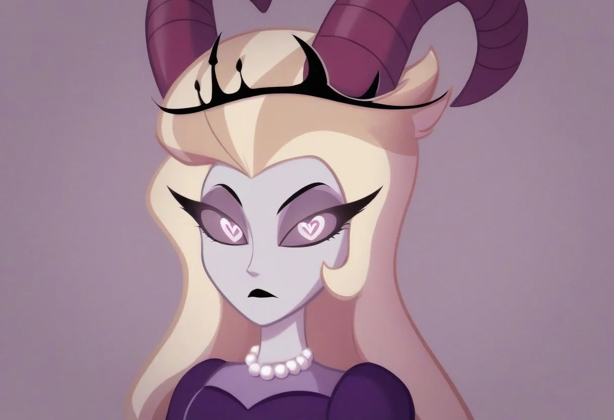 lilith, purple eyes, half-closed eyes, black lips, blonde hair, pearl necklace, demon horns, grey/gray skin, grey sclera, black crown, evil eyes, purple dress, heart floating, heart-shaped pupils, aroused, heart eyes, cupid arrow, Valentine's day themed, 1girl, solo