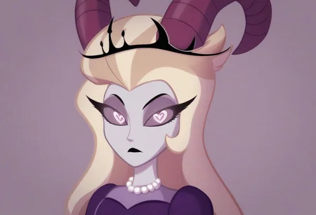 lilith, purple eyes, half-closed eyes, black lips, blonde hair, pearl necklace, demon horns, grey/gray skin, grey sclera, black crown, evil eyes, purple dress, heart floating, heart-shaped pupils, aroused, heart eyes, cupid arrow, Valentine's day themed, 1girl, solo