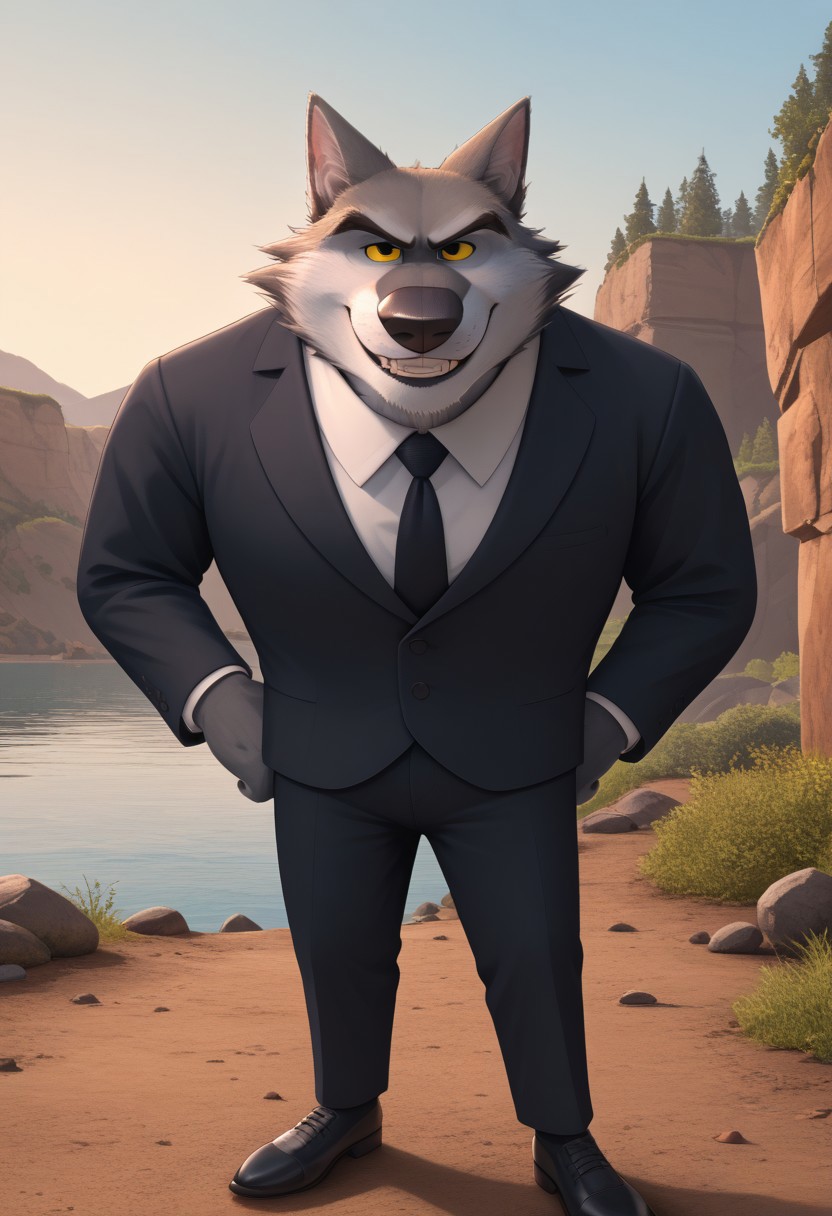 score_9, score_8_up, score_7_up, cartoon_style, ((by BodiPhant0m)), byBodiRDz, 4k, 8k, The best quality, very well drawn, detailed, high quality, detailed, 4k, high resolution, high quality, high resolution, outdoors, furry character, canine, 2d, solo, against the backdrop of the river, 
rockdog, linnux,
style rock dog, movie style, style[rockdog], rockdog, male, gray wolf, wolf boy, wolf, linnux,
(short) and fat, they wear dark suits with black ties, dark gray fur, a light gray muzzle and yellow eyes
(sexy), naked, exposed, easynegative, Split Lighting style, partially covered in shadow,
hands on hips, evil smile, (angry), (smile), (laughter),