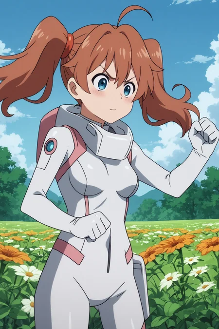 kokoro,1girl,solo,long hair,twintails,ahoge,bodysuit,white bodysuit,pilot suit,long hair,punching,cowboy shot BREAK outdoors,blue sky,cloudy_sky,orange flower,flower field,tree <lora:Miku_-_Darling_in_the_franxx.safetensors:0.8> <lora:detailed_backgrounds_v2.safetensors:0.5>