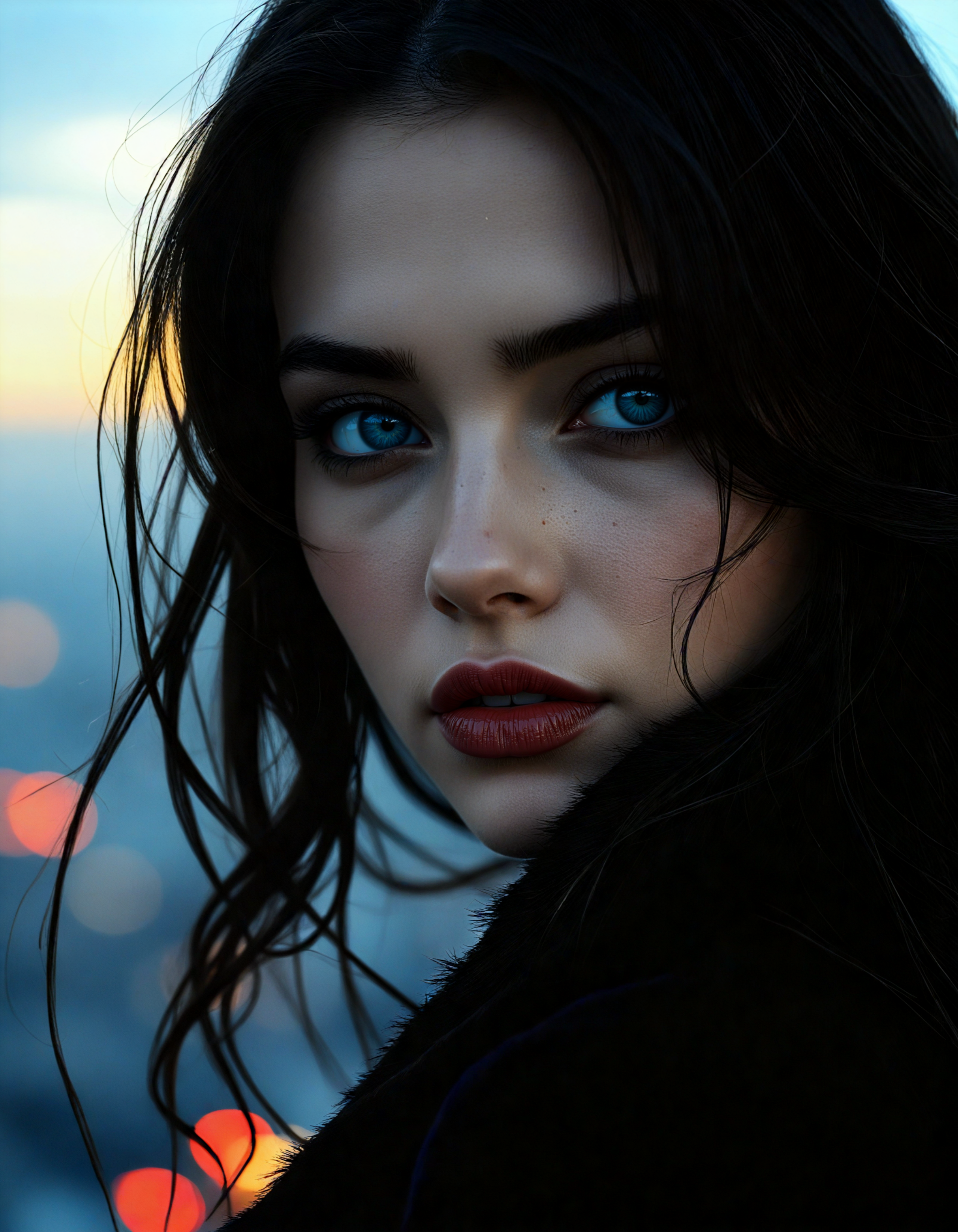 metropolis-themed hyperrealistic art (dark mood masterpiece Photography:1.2), portrait of a mysterious woman with blue eyes and bold eyeliner, she has sensuous lips, looking seductively, naughty, shy smirking. The extreme realism focuses on her detailed skin, showing fine textures and natural highlights. photography masterpiece, modern, irresistible beauty, fuzzy lighting, dark mood, unusual composition, use of negative space, (rule of thirds composition), simmetry , mysteriouse, emotional, flirting, (fine erotic content:0.65), groundbreaking unrivaled opus with unrivaled details, (Glowing Moon Yellow color scheme), highly detailed, melancholic, low-light hyper detailed photography, catchlights, style by Luis Royo . extremely high-resolution details, photographic, realism pushed to extreme, fine texture, incredibly lifelike, upper body shot,upper body shot,style by Luis Royo,bloom light,Enveloping Fog Lights . urban, cityscape, skyscrapers, modern, futuristic, highly detailed<lora:flux\Flux__Semi-realistic_art_style-000004.safetensors:0.45:0.45> <lora:flux\detailed_skin_portraits-000005.safetensors:0.15:0.15> <lora:flux\flux_realism_lora.safetensors:0.45:0.45> <lora:flux\flux_Pro-skin.safetensors:0.2:0.2>, <lora:flux\standard\Eye_Detail_Flux_Lora_-_Inpainting.safetensors:1.0:1.0>