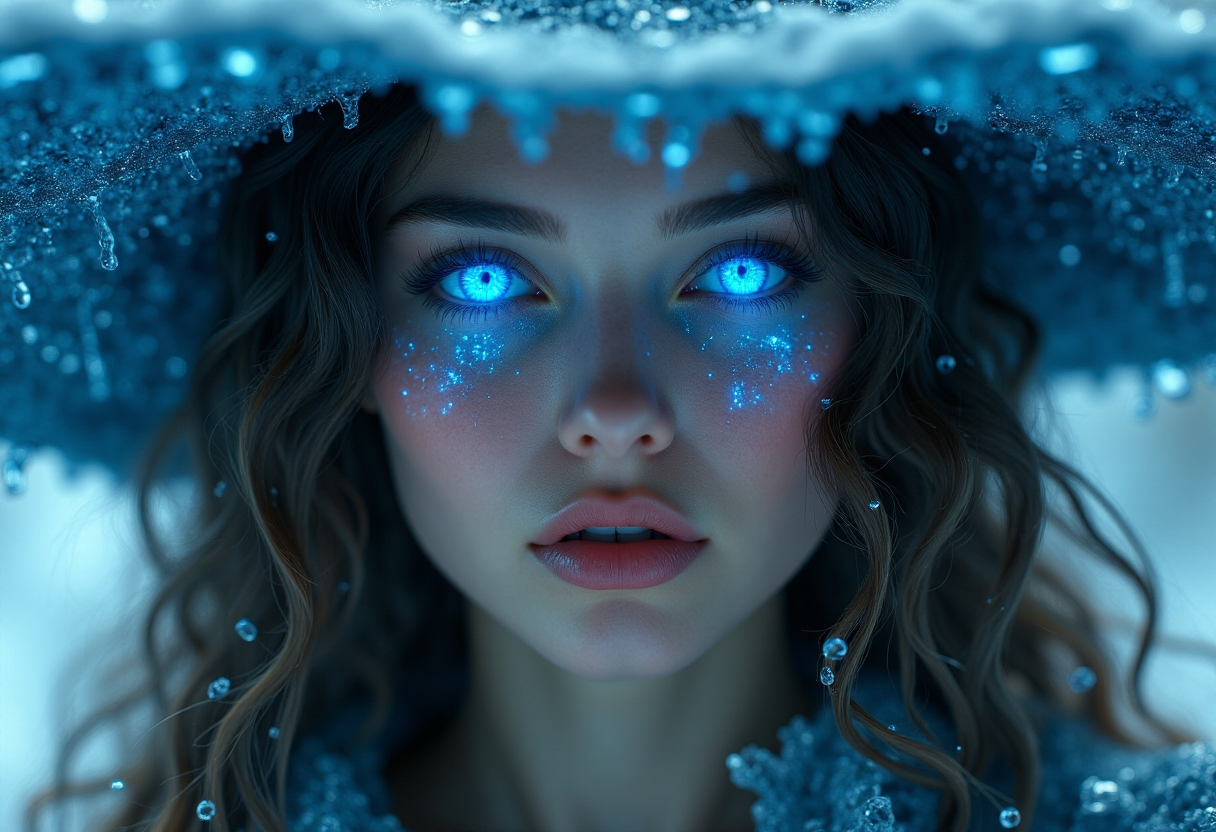 A beautiful woman with crystal blue glowing eyes and curly hair, wearing an ice hat, surrounded by icy water droplets, creates a surreal atmosphere. The art style is fantasy, with cinematic lighting and blue tones. It is a close-up portrait with a mysterious mood, depicting an ethereal beauty in a fantasy world, hkmagic, masterpiece, best quality, highly detailed, sharp focus, dynamic lighting  <lora:FantasyWizardWitchesFluxV2-000001:0.85>