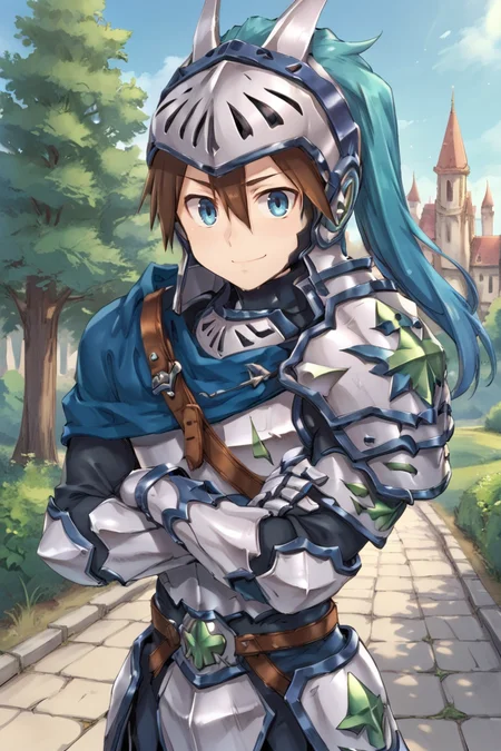 score_9, score_8_up, score_7_up, score_6_up, source_anime, BREAK, <lora:Durant:0.85>, durdef, 1boy, brown hair, short hair, hair between eyes, blue eyes, visor \(armor\), helmet, white armor, ((blue plume)), multicolored plume, short blue cape, shoulder belt, single pauldron, shoulder armor, gauntlets, greaves, cowboy shot, (solo),(crossed arms), smile, closed mouth, looking at viewer, exterior, trees, cathedral, sunset, <lora:backgroundsetXL:0.2> , background,   <lora:h3ll1shXLP:0.4> , h3ll1sh,