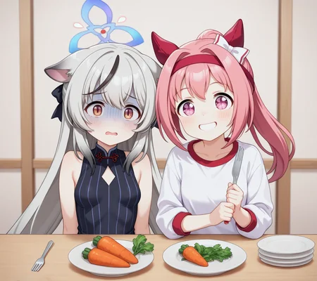 Turn pale,
2girls,kokona \(blue archive\),
table,plate, carrot, bell pepper,
, fork,
side-by-side,
BREAK
haru urara \(umamusume\), happy smile,
masterpiece, best quality