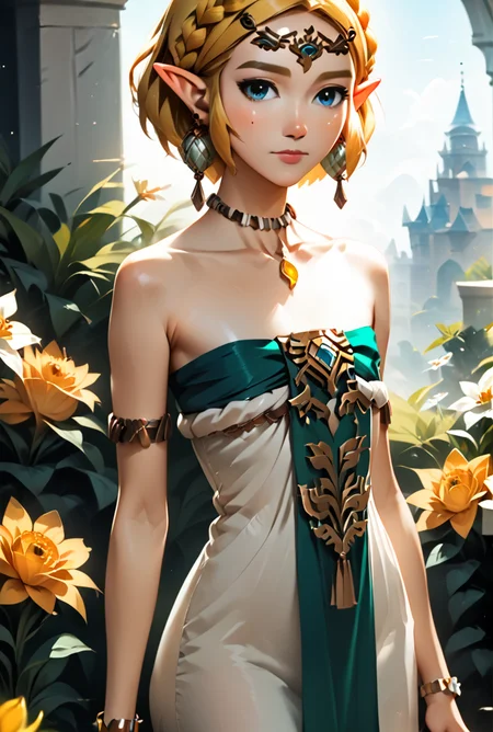 <lora:zelda_v2_pony:0.8>,
masterpiece,absurd resolution,8k,
score_9, score_8_up, score_7_up, score_6_up, score_5_up, score_4_up,    ,source_anime BREAK
zeldaPony, Zonai White and Green Dress, score_9, 1girl, solo, breasts, looking at viewer, short hair, blue eyes, blonde hair, dress, bare shoulders, jewelry, closed mouth, collarbone, braid, flower, earrings, alternate costume, pointy ears, necklace, white dress, flat chest, bracelet, strapless, tiara, strapless dress, armlet, circlet, crown braid, triforce
