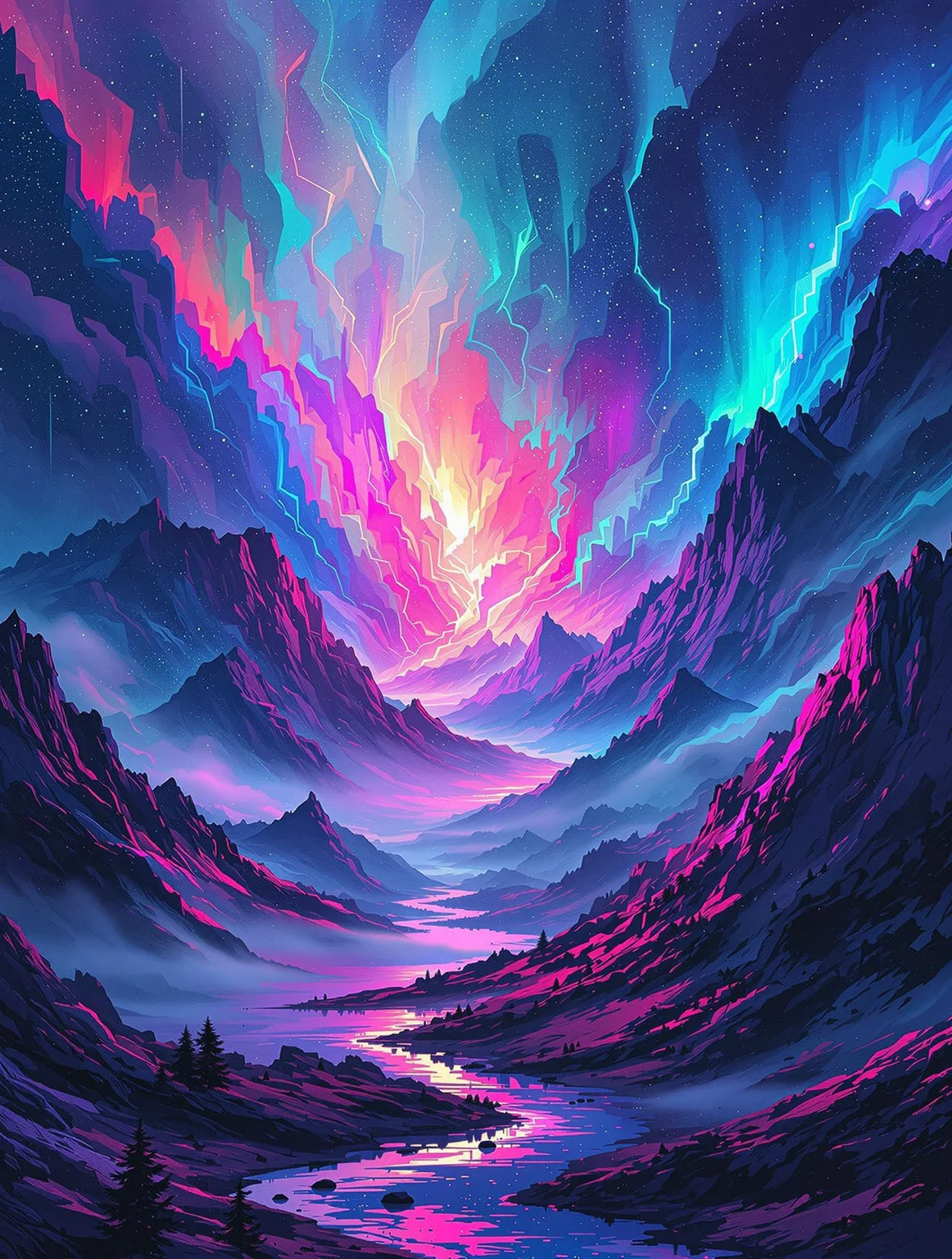 A mythical landscape composed of shifting glitch patterns, neon aurora fractals in the sky, painterly brushstrokes rendering surreal mountains, fragmented like broken memories, cinematic fantasy concept art