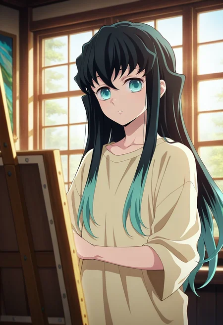 masterpiece, best quality, intricate details, anime screencap, anime coloring, , looking at viewer, , 1boy, solo, male focus, <lora:muichirou_tokitou_ilxl:0.92>, muichirou_tokitou, black hair, aqua eyes, long hair, bangs, hair between eyes, sidelocks, multicolored hair, two-tone hair, gradient hair, aqua hair, art studio, canvas, paint splatters, easel, painting pose, focused expression, afternoon light from window,
