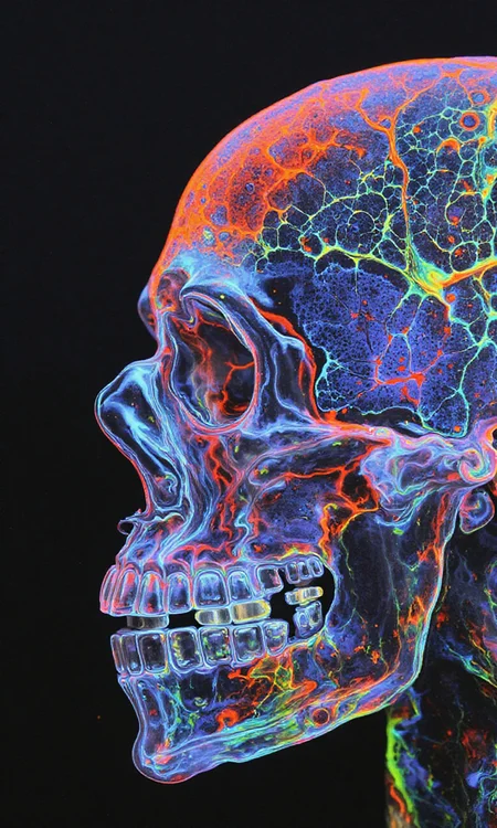 Nightmare, horror show, light and shadow game, crystal clear, crystal skull, transparent creature, glowing neural network, biofiber, intricate, rainbow colors, bioluminescent close-up portrait<lora:flux1-D\flux.1_lora_flyway_Epic-detail_v2.safetensors:0.85:1.0> <lora:flux1-D\flux-fluidart-lora-v1:1.0>